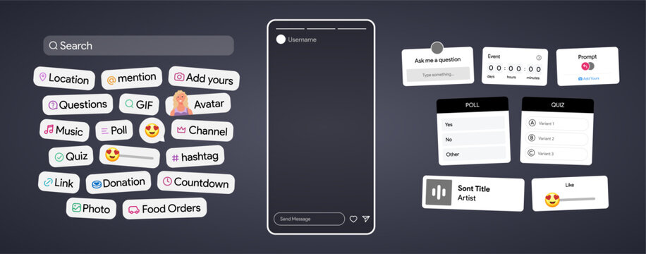 Instagram Story interface badge. Stories tool sticker. Blogging set. Location, mention, avatar, poll, countdown, link, quiz hashtag, music icons. Vector illustration.