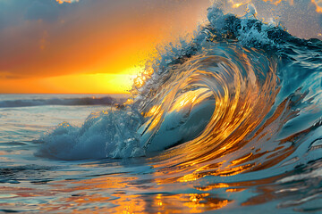 Big wave in the ocean. Raging sea, surfing wave. Landscape of a water whirlpool. Concept: Dangers on the water, powerful water energy