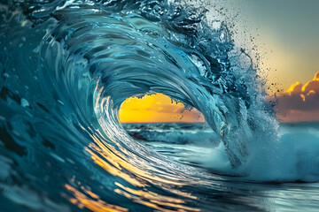 Big wave in the ocean. Raging sea, surfing wave. Landscape of a water whirlpool. Concept: Dangers on the water, powerful water energy