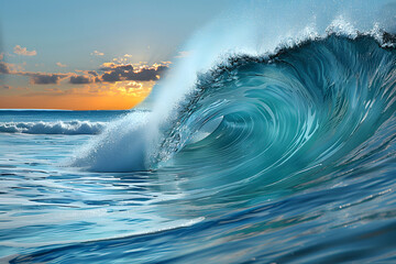 Big wave in the ocean. Raging sea, surfing wave. Landscape of a water whirlpool. Concept: Dangers on the water, powerful water energy
