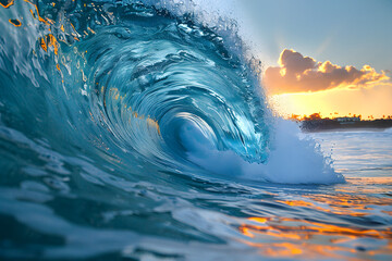 Big wave in the ocean. Raging sea, surfing wave. Landscape of a water whirlpool. Concept: Dangers on the water, powerful water energy