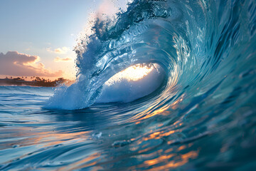 Big wave in the ocean. Raging sea, surfing wave. Landscape of a water whirlpool. Concept: Dangers on the water, powerful water energy