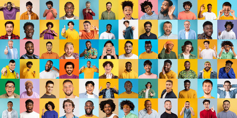 Collage of diverse happy men faces on colorful background