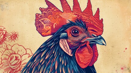 Colorful illustrated rooster with ornate patterns