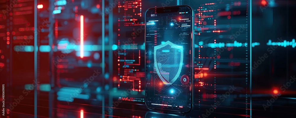 Poster 3D render of digital security concept with phone shield shaped screen lock, Cyber security background.