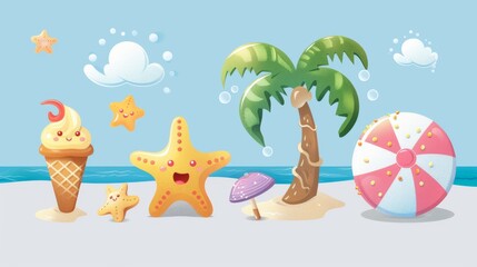 Fototapeta na wymiar A cheerful summer vacation collection featuring beach essentials like a smiling starfish, beach ball, palm tree, and a melting ice cream cone. Vector illustration.