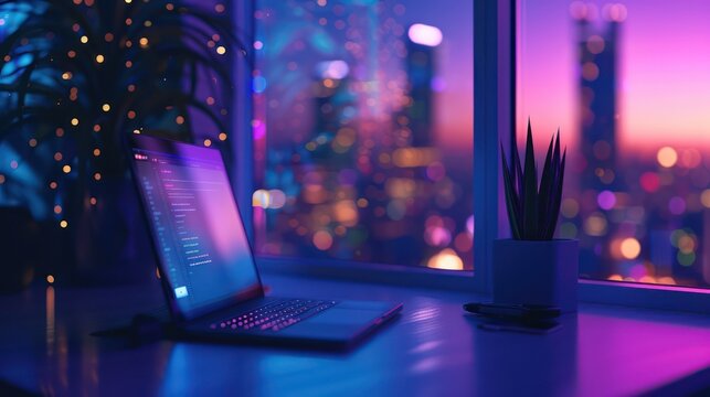 A cozy work setup featuring a laptop on a wooden desk with a neon-lit cityscape in the background, showcasing a modern remote work environment