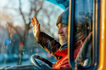 A school bus driver waves hello from the cab