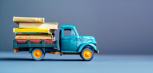 Toy truck carrying books. School time, copyspace