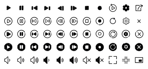 Freehand drawn video player icons. Media player vector icons collection. Set of video player icons. 