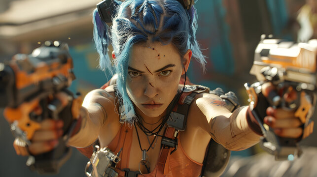 Determined cyberpunk heroine in action, with blue hair and tech-enhanced gear ready for battle