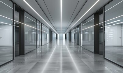 Impeccably designed modern corridor illuminated with continuous LED light strips and reflective floors