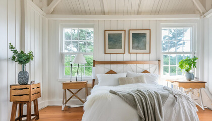 modern contemporary bedroom with neutral colors, beamed wood ceiling, water view