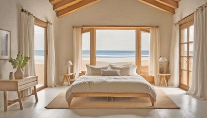 modern contemporary bedroom with neutral colors, beamed wood ceiling, water view