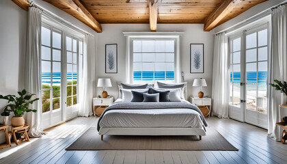 modern contemporary bedroom with neutral colors, beamed wood ceiling, water view