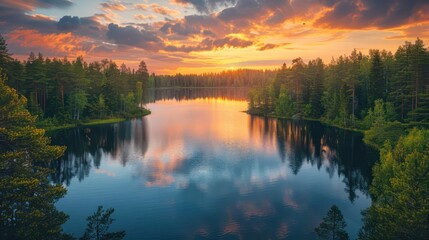 Obraz premium A peaceful moment captured with the sun setting over a serene lake surrounded by a tranquil forest