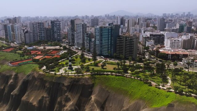 Aerial image of the city of Lima with a view of the boardwalk of Miraflores, the cliff and the green coast. 
