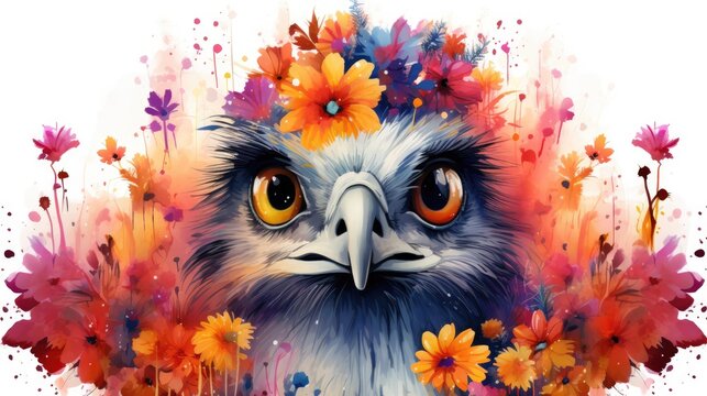 A image cute clip art of a watercolor emu n a vivid land surrounded by vibrant flora