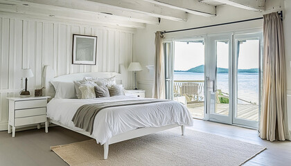 modern contemporary bedroom with neutral colors, beamed wood ceiling, water view