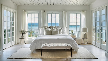 modern contemporary bedroom with neutral colors, wood ceiling, water view
