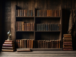 Old library with old classic books, wooden shelves and wall, old school library