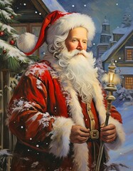 classic santa claus in the snow, christmas portrait painting