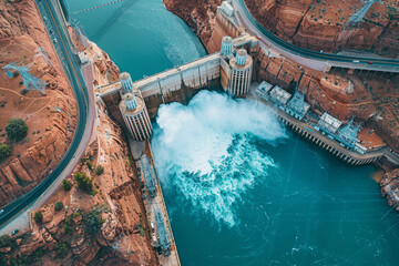 An aerial view capturing the engineering marvel of a dam, showcasing human ingenuity in controlling water flow 
