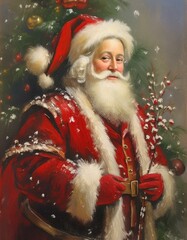 classic santa claus in the snow, christmas portrait painting