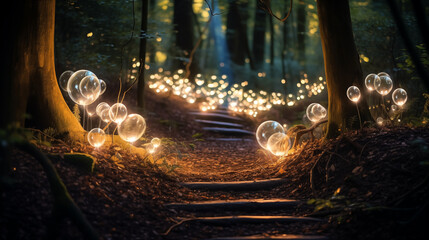 Magical Forest Pathway Lit by Glowing Light Bulbs