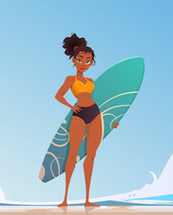 African american young surfer girl standing on a sandy ocean beach holding a surfboard with a wavy pattern. Waves and blue sky in the background. Summer holidays. Flat cartoon vector illustration