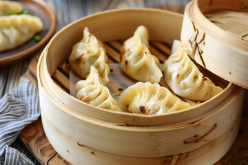 Close-up of a bamboo steamer filled with fresh dumplings - obrazy, fototapety, plakaty