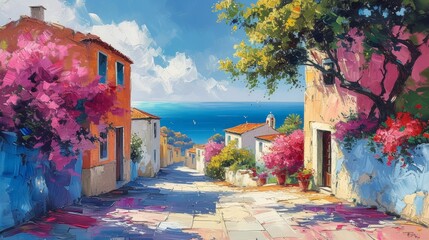 Colorful Mediterranean street leading to the sea