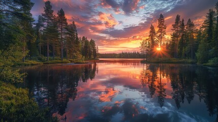 Majestic sunrise with rays peering through pine trees and reflecting off a still lake creating a mirror image - Powered by Adobe