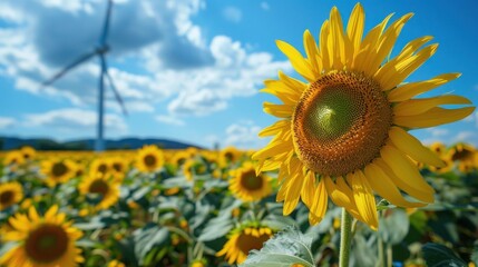 Closeup sunflowers field with wind turbine against blue sky background.Generated AI image