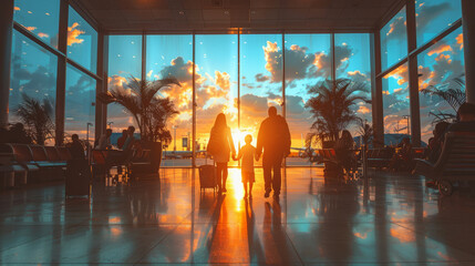 Silhouette of a family at the airport with a plane in the background at sunset