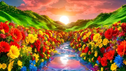 river running through a field of colorful flowers, with a sunset in the background 
