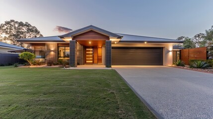 Naklejka premium Alluring image of suburban home as the sun sets, with warm lights welcoming against the dusk sky, oozing charm and coziness