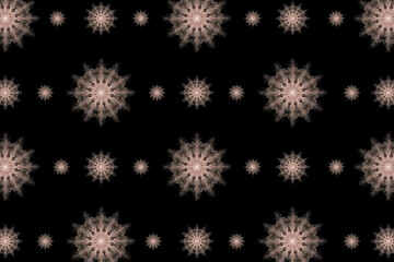 repeating abstract pattern of snowflakes on black background