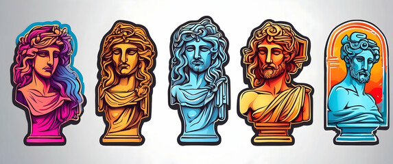 A set of Greek bust sculptures in a digital art style with neon outline effects enhancing their classic features