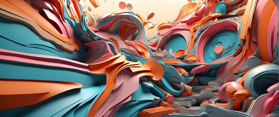 A vibrant and dynamic abstract landscape featuring fluid shapes and a rich color palette conveying movement and creativity