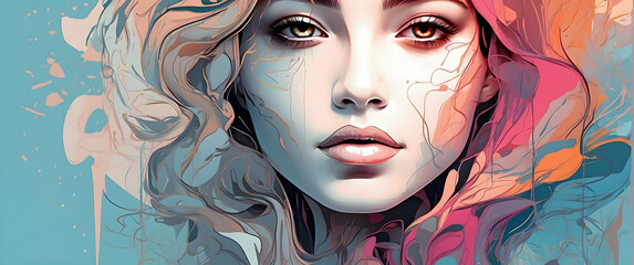 Digital artwork featuring a woman's face with vibrant, flowing colors and an abstract style Melding realism with fantasy