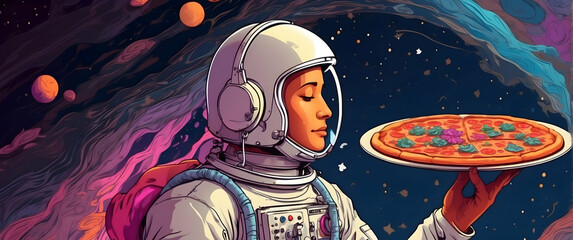 Vibrant artwork of a cosmic pizza delivery with an astronaut presenting a delectable pie on a tray