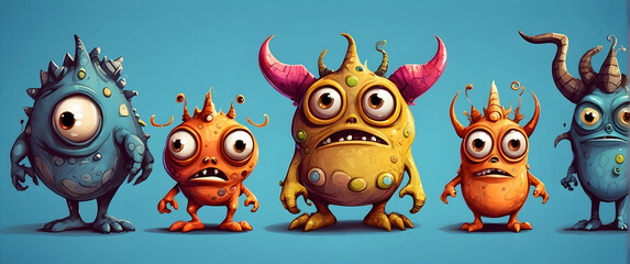 Fototapeta premium Five unique, colorful cartoon monsters with various whimsical features standing against a blue backdrop