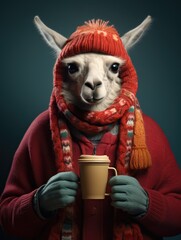 Fototapeta premium a picture llama with warm red coat and a cup