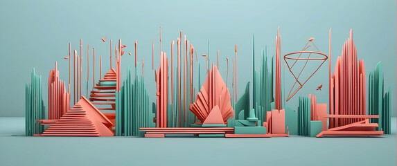 A stunning abstract cityscape constructed of geometric shapes in coral and mint green shades stands against a solid background