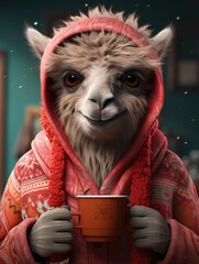 Fototapeta premium a photo llama with warm red coat and a cup