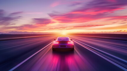 A striking image capturing the essence of motion as a car speeds down the highway under a dramatic sunset sky, symbolizing freedom and adventure