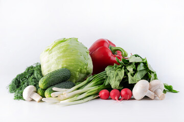 On a white background, cucumbers, radishes, mushrooms, greens, sweet peppers, iceberg lettuce.