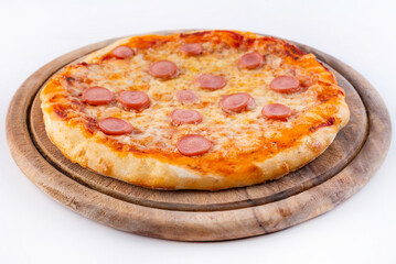 Children's pizza on a white background on a wooden board.