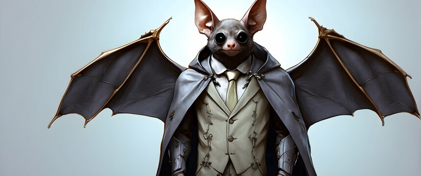 A unique and captivating image of a person with bat wings instead of arms, wearing a sophisticated suit on a neutral background